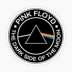 the dark side of the moon pink floyd sticker on a white circle with black lettering