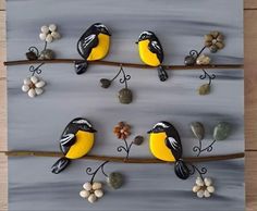 three yellow and black birds sitting on top of a tree branch next to some rocks