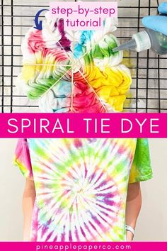 a girl wearing a tie - dyed shirt with the words spiral tie dye on it