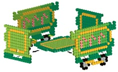 two green and yellow toy cars with candy canes on the front, one is made out of plastic beads