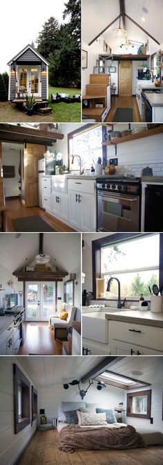 the inside of a tiny house with lots of windows