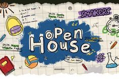 the words open house written on a piece of paper with doodles and school supplies