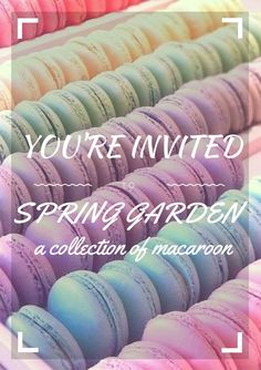 colorful macaroons are arranged in rows with the words you're invited spring garden