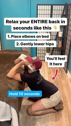 a woman sitting on top of a bed next to a wooden floor with text reading relax your entire back in seconds like this 1 place blows on bed 2 gently lower hips you'll