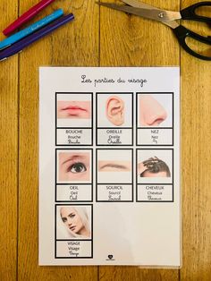 a pair of scissors next to a sheet of paper with different types of nose shapes