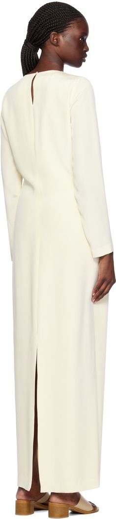 Silk crepe dress. · Crewneck · Button fastening at back · Central vent at back hem · Full satin lining Supplier color: Offwhite White Silk Crepe Formal Dress, Formal White Silk Crepe Dress, Silk Crepe Dress, Silk Maxi Dress, Crepe Dress, Silk Crepe, Silk Dress, The Dress, Maxi Dress