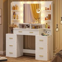 a white vanity with lights on it in a room