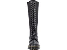 20 Eyelet boot with zipper on the inside in black Pisa leather. Pisa leather is a no break in necessary boot. It's soft and comfortable. Leather Knee-high Platform Boots For Streetwear, Alternative Knee-high Leather Platform Boots, Alternative Style Knee-high Leather Platform Boots, Alternative Style Leather Knee-high Platform Boots, Knee-high Leather Combat Boots For Streetwear, Leather Knee-high Boots For Streetwear, Knee-high Combat Boots For Streetwear, Alternative Winter Knee-high Boots, Alternative Style Knee-high Winter Boots