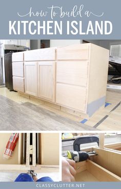 how to build a kitchen island with cabinets and drawers in it, including the base