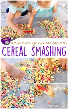 a collage of images showing how to make cereal smashing with play dough and sprinkles