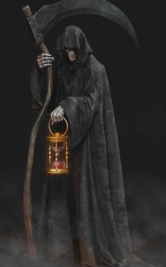 a man in a black robe holding an hourglass and a large sceptacle