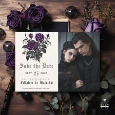 save the date card with purple roses and greenery