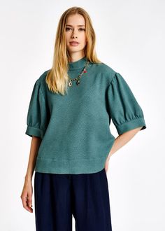 Sage Green Top, Stand Up Collar, Wide Cuff, Green Top, A Stand, Green Tops, Puffed Sleeves, Textured Fabric, Blue Fabric