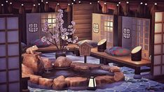 Hot Springs Animal Crossing, Acnh Hhp Hot Spring, Animal Crossing Hot Spring Ideas, Japan Core Animal Crossing, Hot Spring Animal Crossing, Japanese Hot Springs Anime, Acnh Hot Spring Design, Acnh Onsen Design, Relaxing Hot Spring Resort Acnh