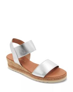 Andre Assous - Women's Neveah Mid Heel Espadrille Wedge Sandals Casual Silver Wedge Heel Sandals, Silver Leather Wedge Sandals For Beach, Silver Wedge Heel Sandals For The Beach, Casual Silver Wedge Sandals For Vacation, Silver Wedge Sandals For Vacation, Silver Open Toe Wedge Sandals For Vacation, Silver Wedge Sandals With Cushioned Footbed, Heeled Espadrilles, Mid Heel