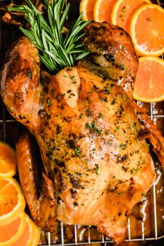 a roasted turkey with orange slices and rosemary garnish