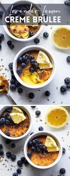 blueberry lemon creme brulee in white bowls