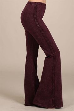 Another beautiful creation from Chatoyant! Mineral washed bell bottom pants with crochet lace on side seam and elastic waist.  Each item is hand-dyed, should expect variations. American made Cotton/Spandex 93/7 Jersey  Made in USA  Stay Sexy! Lace Bell Bottoms, 80s Rock Fashion, 80s Pants, Soft Pants, Los Angeles Style, Burgundy Lace, Bell Bottom Pants, Bell Bottom, Lace Design