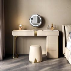 a white dressing table with a mirror and stool next to it in front of a window