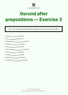 an exercise sheet with the words gerund after prepositions - exercise 3