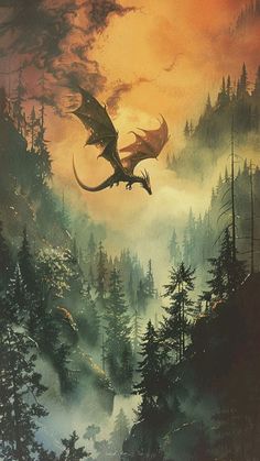 a painting of a dragon flying over a forest