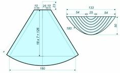 a drawing of a cone shaped object with measurements for the top, bottom and side