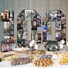 a table topped with lots of desserts and pastries on top of a white table cloth