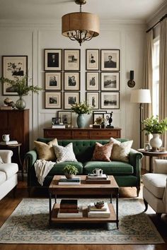 a living room filled with lots of furniture and pictures on the wall above it's coffee table