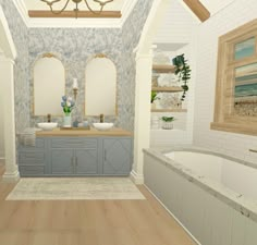 a bathroom with two sinks and a bathtub in it's center, surrounded by blue wallpaper