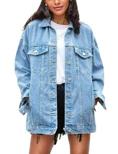 PRICES MAY VARY. Oversized jean jacket for women, front button up closure, single breasted, classic women's casual jackets for spring, fall and winter, denim jacket for women loose fit, oversized boyfriend denim shirt Jean jacket women featuring two chest pockets, two side hand pockets, 2 large inside pockets for convenience, long sleeves, drop shoulder lapel or turn-down collar buttoned cuffs and hem White jean jacket, blue jean jacket for women, black jean jacket, grey denim jackets, khaki jac How To Style Oversized Denim Jacket, Long Jean Jacket Outfits, Winter Denim Jacket, Jackets For Spring, Grey Denim Jacket, Long Denim Jacket, Denim Coat Women, Biker Coat, Black Jean Jacket