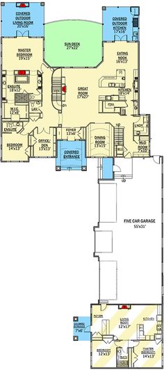 the first floor plan for this house shows the living area, dining room and kitchen