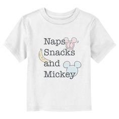 Who knew that dressing "mousey" could be so cute!? Celebrate Walt Disney's most iconic character with this officially licensed Disney Mickey Mouse & Friends Naps Snacks Mice Toddlers' Graphic T-shirt! This adorable tee features the text: "Naps Snacks and Mickey," with the classic Mickey logo, an alarm clock, and a banana colored in pastel colors across the front. Grab some new Mickey Mouse & Friends apparel for the youngest member of the family and make your next trip to the Disney parks a memor Mickey Logo, New Mickey Mouse, Bear Girl, Disney Shirt, Graphic Tee Design, Mickey Mouse And Friends, Toddler Boy Outfits, Top Graphic Tees, Disney Girls