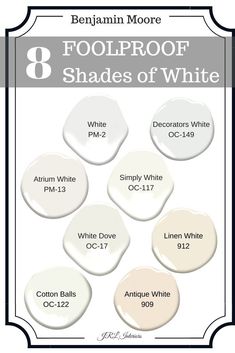 white paint colors with the words, 8 foolproof shades of white on top and bottom