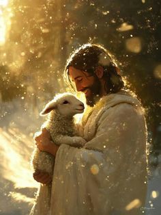 jesus holding a lamb in the snow with sunlight streaming through it and shining down on him