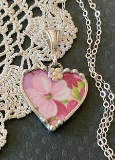 Necklace, Broken China Jewelry, Broken China Necklace, Heart Pendant, Pink Pink Apple Blossom China, Sterling Silver, Soldered Jewelry Vintage Pink Necklace For Mother's Day, Pink Floral Print Jewelry As Gift, Broken China Crafts, Plate Jewelry, China Crafts, Pottery Jewelry, Soldered Jewelry, Spiritual Food, Broken China Jewelry