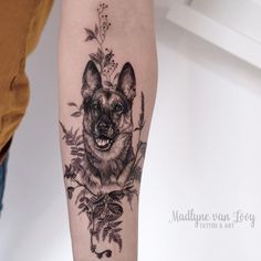 Flowery German Shepherd Tattoo Design Tattoo Perro, German Shepherd Tattoo, Pet Tattoo Ideas, Shepherd Tattoo, Unique Hand Tattoos, Dog Portrait Tattoo, Country Tattoos, Silhouette Tattoos, Swim Meet