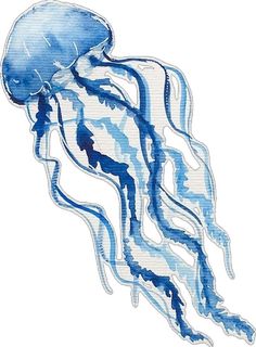 an image of a blue jellyfish in the ocean with watercolors on it