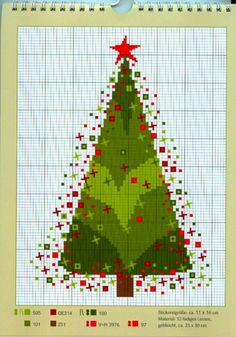 a cross stitch christmas tree with red and green squares on it's bottom half