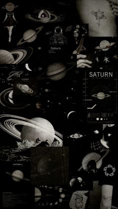 an image of saturn in black and white with images of planets, stars, and other things