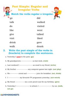 the past simple regular and irregular verbs worksheet is shown in this image