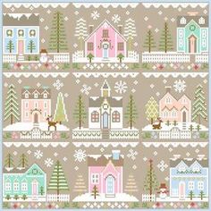 a cross stitch pattern with houses, trees and snowflakes in pastel colors