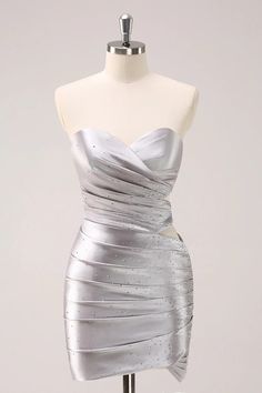 Amzcw Silver Hollow Out Strapless Pleated Tight Metallic Homecoming Dress with Beading Hoco Dresses Green, Tight Homecoming Dress, Hoco Dresses Long Sleeve, Mini Prom Dresses, Dress Up Day, Grey Bridesmaid Dresses, Mermaid Bridesmaid Dresses, Burgundy Bridesmaid Dresses, Sequin Prom Dresses