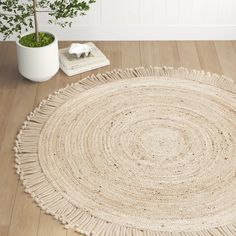 a round rug on the floor next to a potted plant