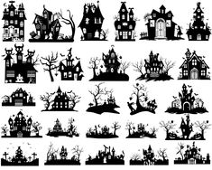 black and white silhouettes of halloween houses