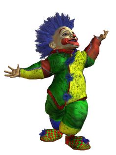 an animated clown with blue hair and green pants, is in the air while holding his arms out