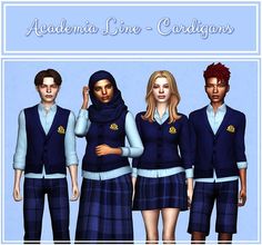 three females and two males in school uniforms with the caption academy line - cardigans