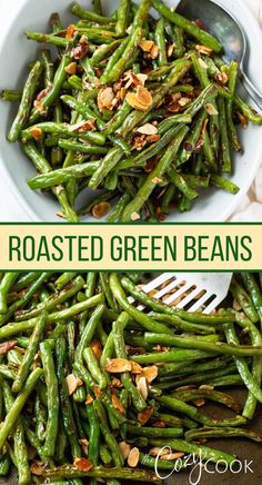 roasted green beans with almonds in a white bowl