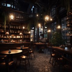 a dimly lit restaurant with wooden tables and chairs