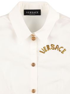 Front button closure. Front embroidered logo detail W Logo, Cotton Poplin Shirt, White Boys, Poplin Shirt, Cotton Poplin, Kids Boys, Versace, ? Logo, White