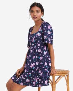 Dottie Babydoll Dress in Zinnia – Draper James Satin Floral Dress, How To Dress A Bed, Low Heel Boots, Teacher Clothes, Stretch Back, Draper James, Dark Blue Color, Mini Dress Casual, Oversized Cardigan